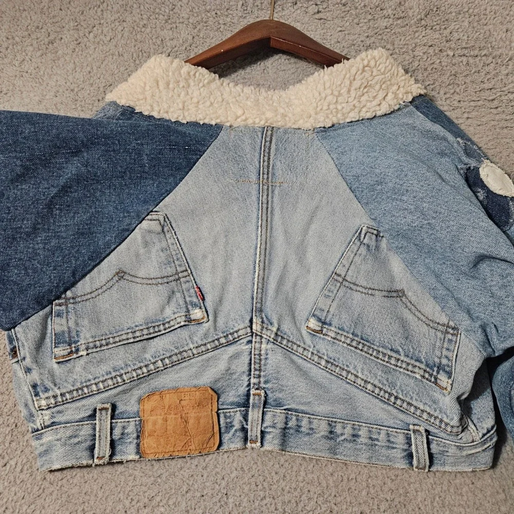 Vintage Spike & Elvis Womens Upcycled Reworked Jeans Jacket Denim Blue Shearling